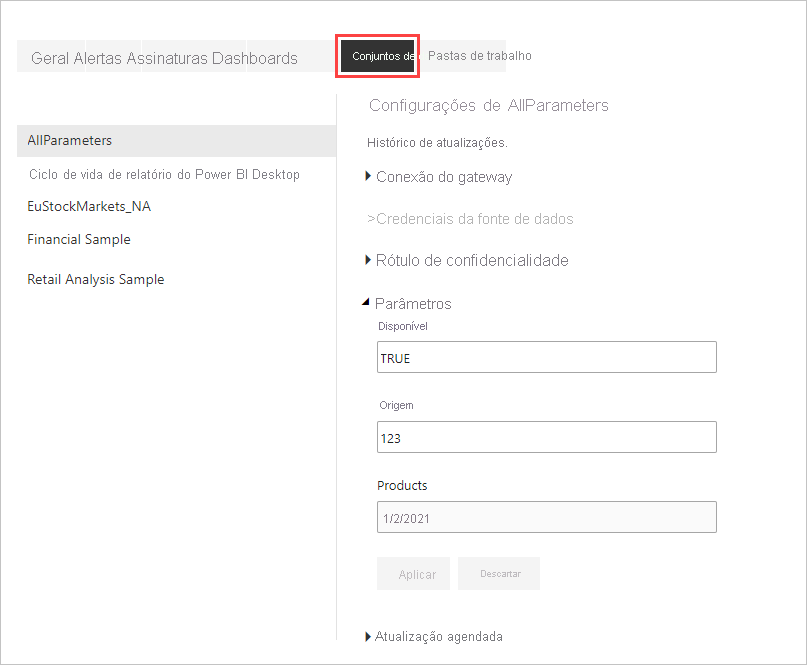 Screenshot shows the Settings window with Parameters expanded.