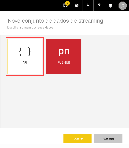 Captura de tela das novas opções de modelo semântico de streaming, mostrando a seleção da API.