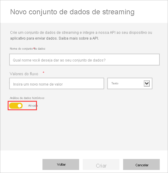 Captura de tela do novo modelo semântico de streaming, mostrando a análise de dados históricos habilitada.