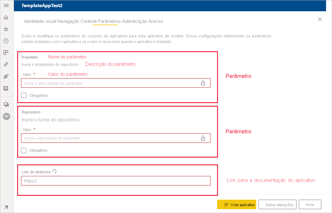 Captura de tela que mostra a guia Parâmetros.