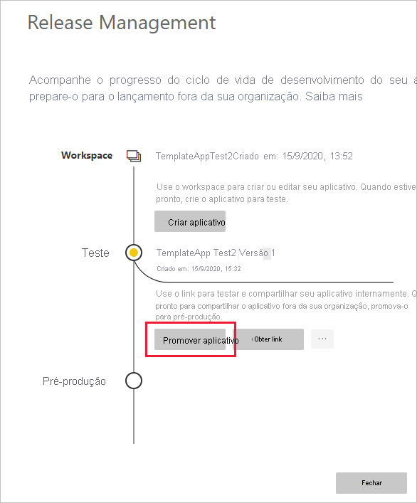 Captura de tela do painel Gerenciamento de versão com Promover aplicativo realçado.