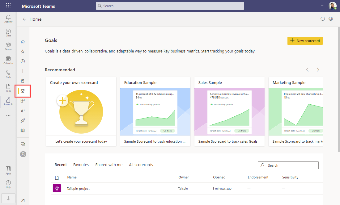 Hub da página inicial das Métricas no Power BI.