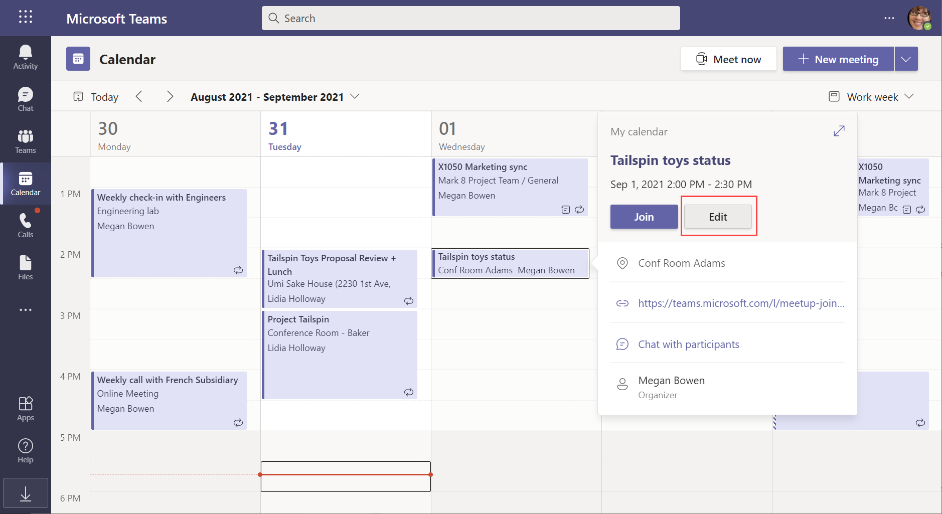 Captura de tela do painel de calendário no Teams e um convite de reunião exibindo um menu com o botão editar realçado.