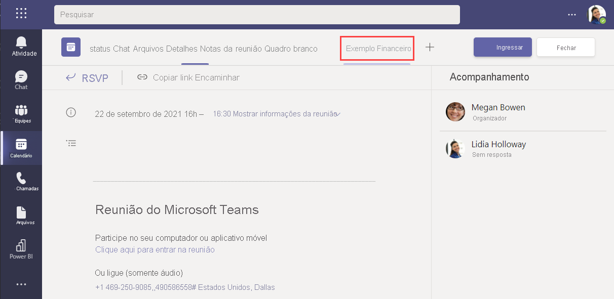 Captura de tela de um convite de reunião aberto e da guia de relatório do Power BI realçada.