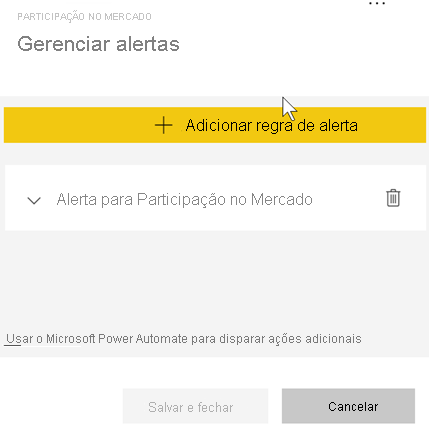 Captura de tela mostrando a janela Gerenciar alertas, com o alerta de Participação no Mercado visível.