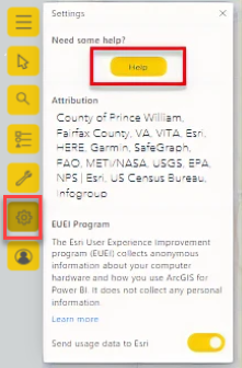 Screenshot of the Help button on the Setting feature of the Map tools.
