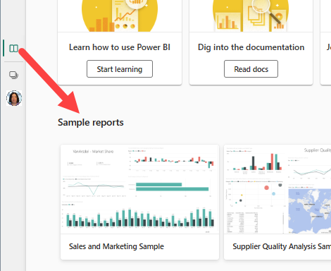 A captura de tela mostra os exemplos de relatório na página do Learn.