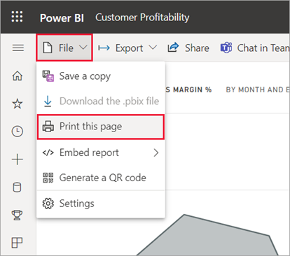 Captura de tela do menu Arquivo do serviço Power BI aberto e Imprimir esta página selecionado.