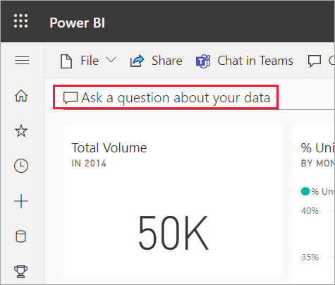 Captura de tela de Fazer uma pergunta sobre seus dados em uma caixa vermelha no dashboard do visual.