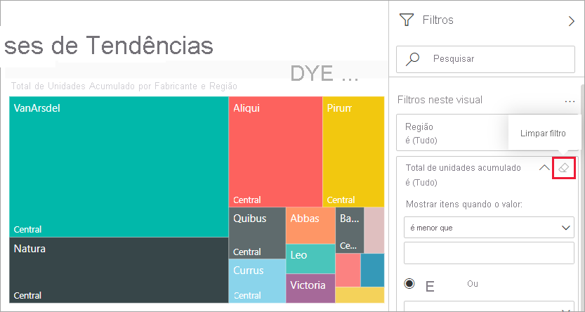 Captura de tela de um relatório com o painel Filtros expandido e o ícone de borracha selecionado.