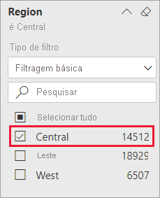 Captura de tela do filtro Região expandido e da opção Central selecionada.