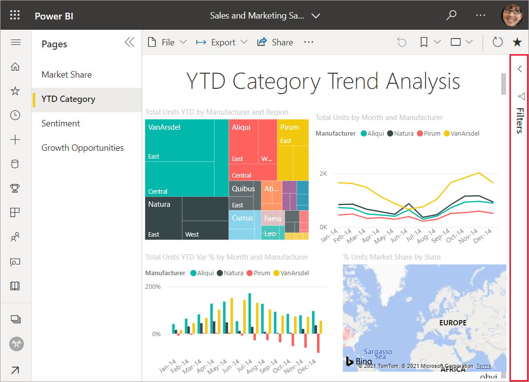 Captura de tela de um relatório aberto no serviço do Power BI com o painel Filtros selecionado.