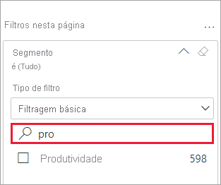 Captura de tela de um filtro expandido com a caixa de pesquisa selecionada.