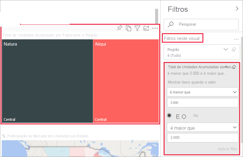 Captura de tela de um relatório com o filtro que mostra o visual de mapa de árvore selecionado.