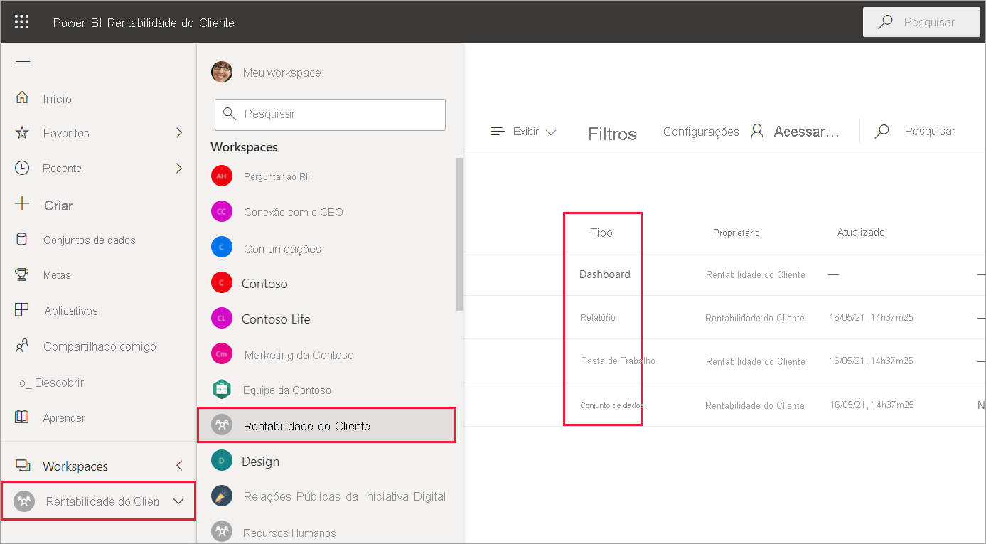 Screenshot shows how a workspace appears under the Workspaces menu item and contains reports and a dashboard.