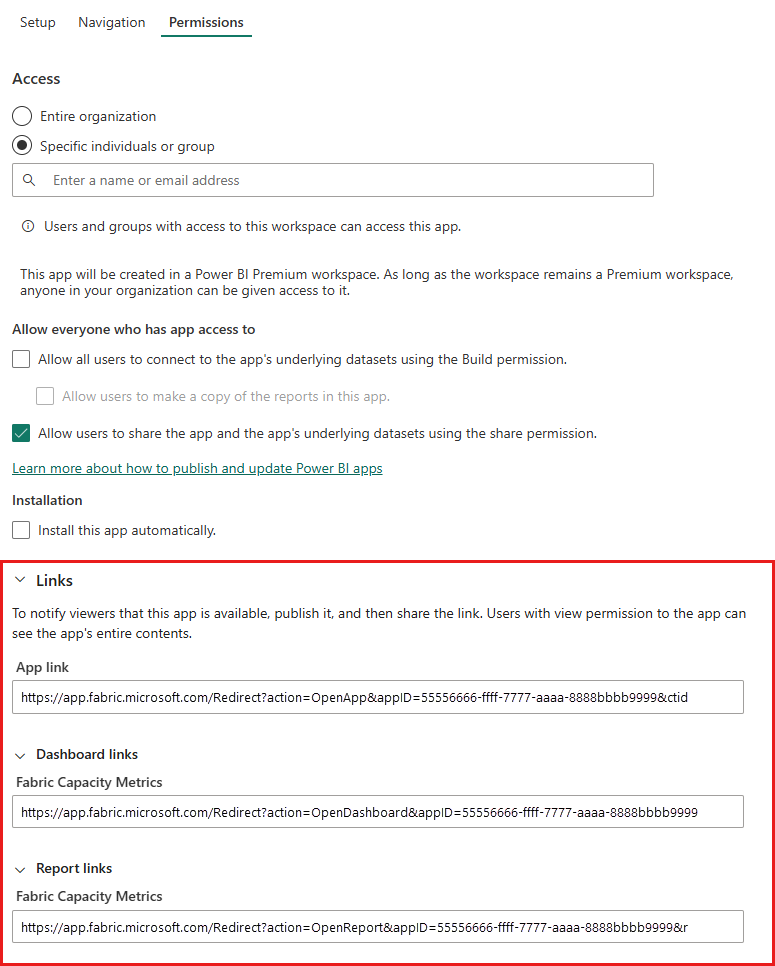 Captura de tela da guia permissões do aplicativo mostrando como encontrar links profundos para o aplicativo, relatório e painel incluídos no aplicativo.