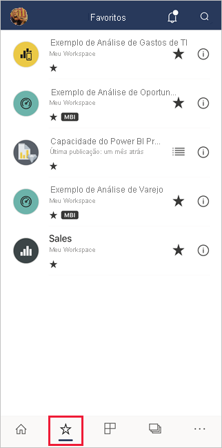 Favoritos nos aplicativos móveis do Power BI