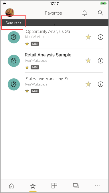 Captura de tela que mostra o aplicativo móvel do Power BI com a mensagem 