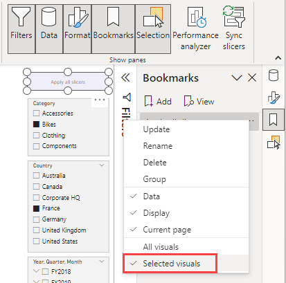 Painel Indicadores, Visuais selecionados.