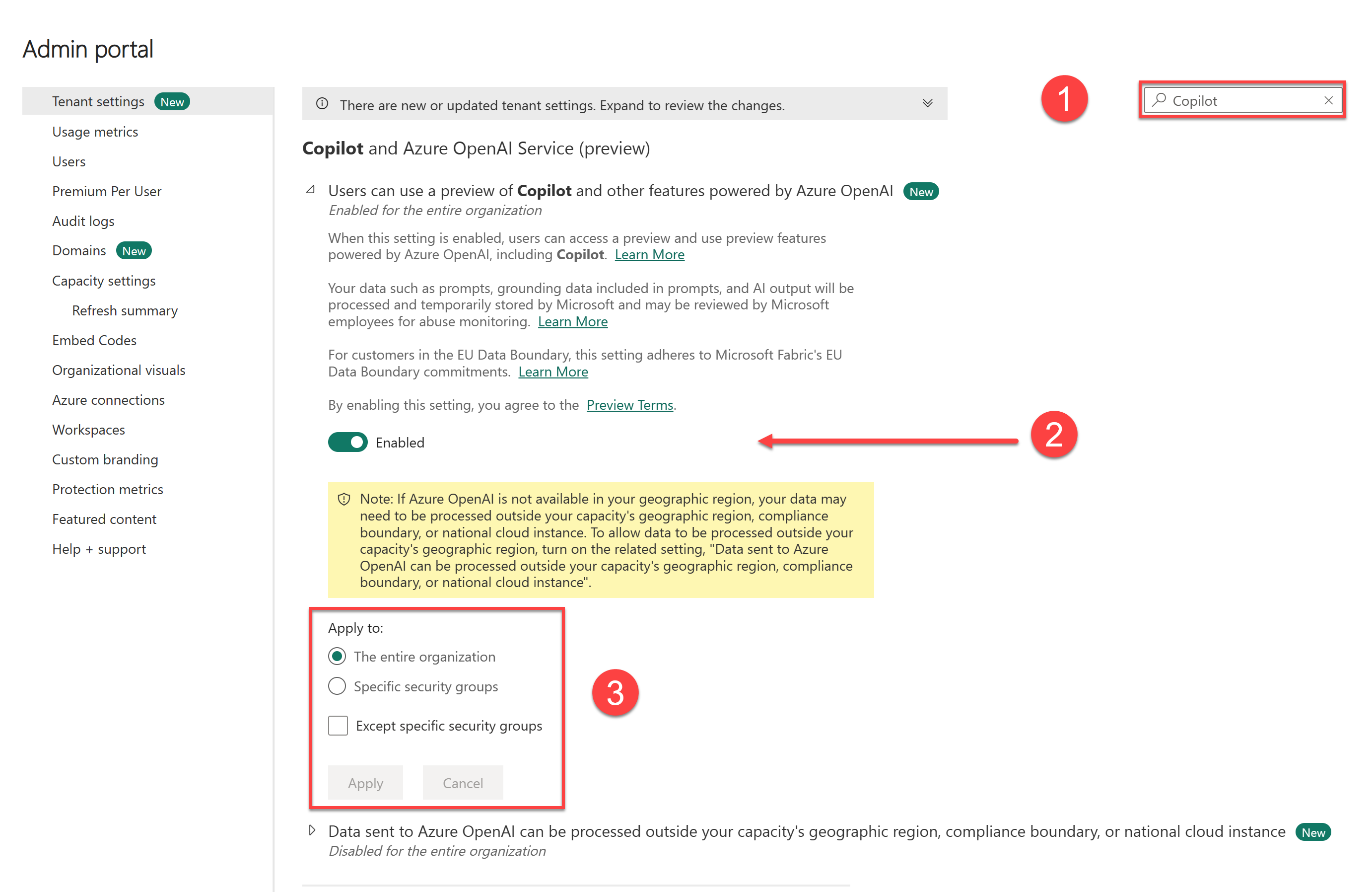 Captura de tela das configurações do Copilot no portal do Administrador do Fabric.