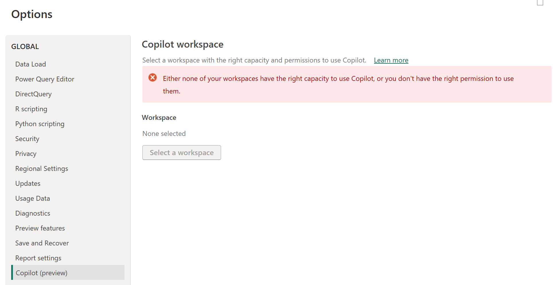 Captura de tela das configurações de Copilot com a mensagem de erro. Nenhum dos seus workspaces tem a capacidade certa de usar Copilot ou você não tem a permissão certa para usá-los.