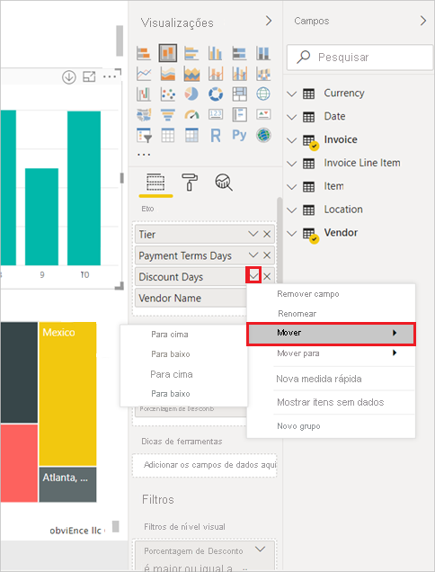 Screenshot of the Vizualizations and Fields panes, highlighting the options to move fields.