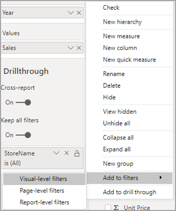 Screenshot of the options menu, highlighting Add to filters and Visual-level filters.