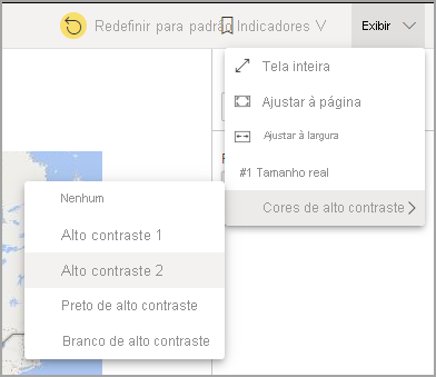 Captura de tela do serviço do Power BI no modo de edição, realçando Exibição e Cores de alto contraste.