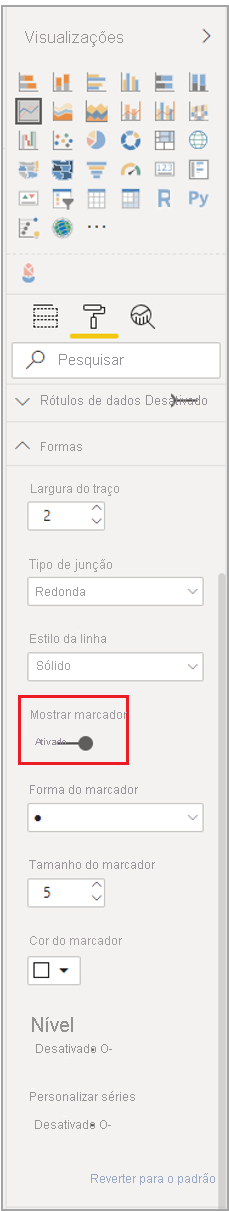 Captura de tela do painel Visualizações com Marcadores ativados.