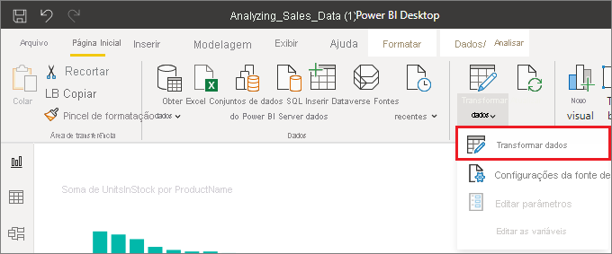 Captura de tela do Power BI Desktop, realçando a seleção de Transformar dados.