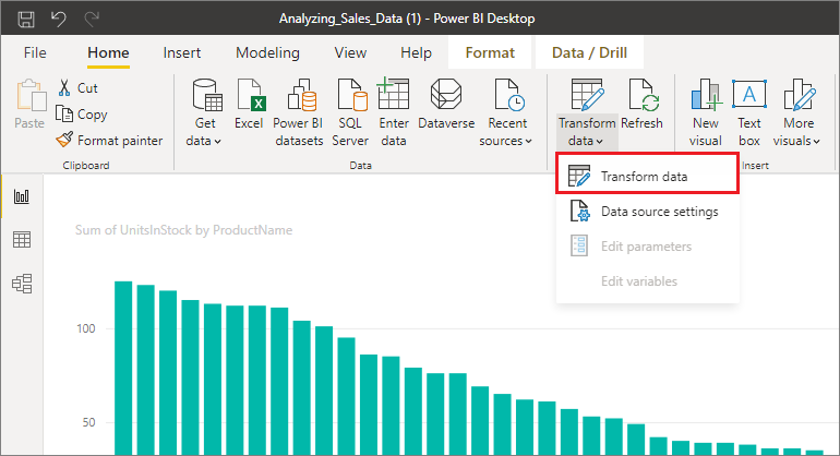 Captura de tela do Power BI Desktop com Transformar dados realçados.