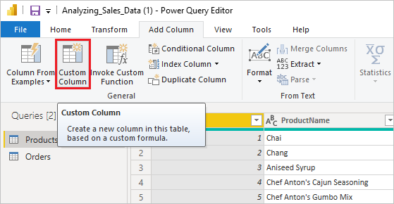 Captura de tela do Editor do Power Query com a Coluna Personalizada realçada.