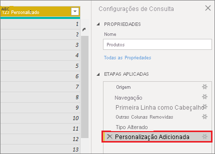 Captura de tela da caixa de diálogo Configurações de Consulta, realçando Adicionado Personalizado.