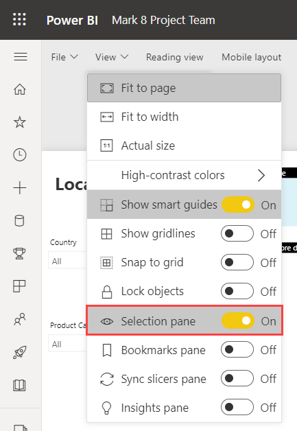 Captura de tela mostrando como ativar o painel Seleção no serviço do Power BI.