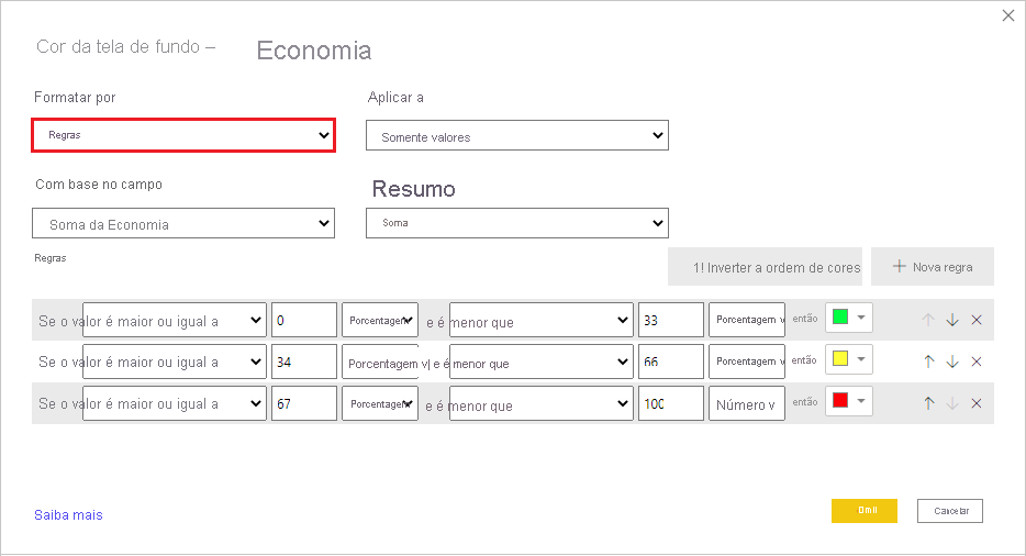 Conditional formatting dialog for background color by rules: format style dropdown option is set to rules.