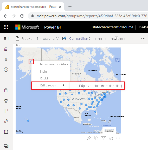 Captura de tela que mostra a opção de detalhamento entre relatórios do Power BI