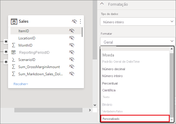 Captura de tela do Power BI Desktop no modo de exibição Modelagem, realçando Personalizado no menu suspenso Formatar.