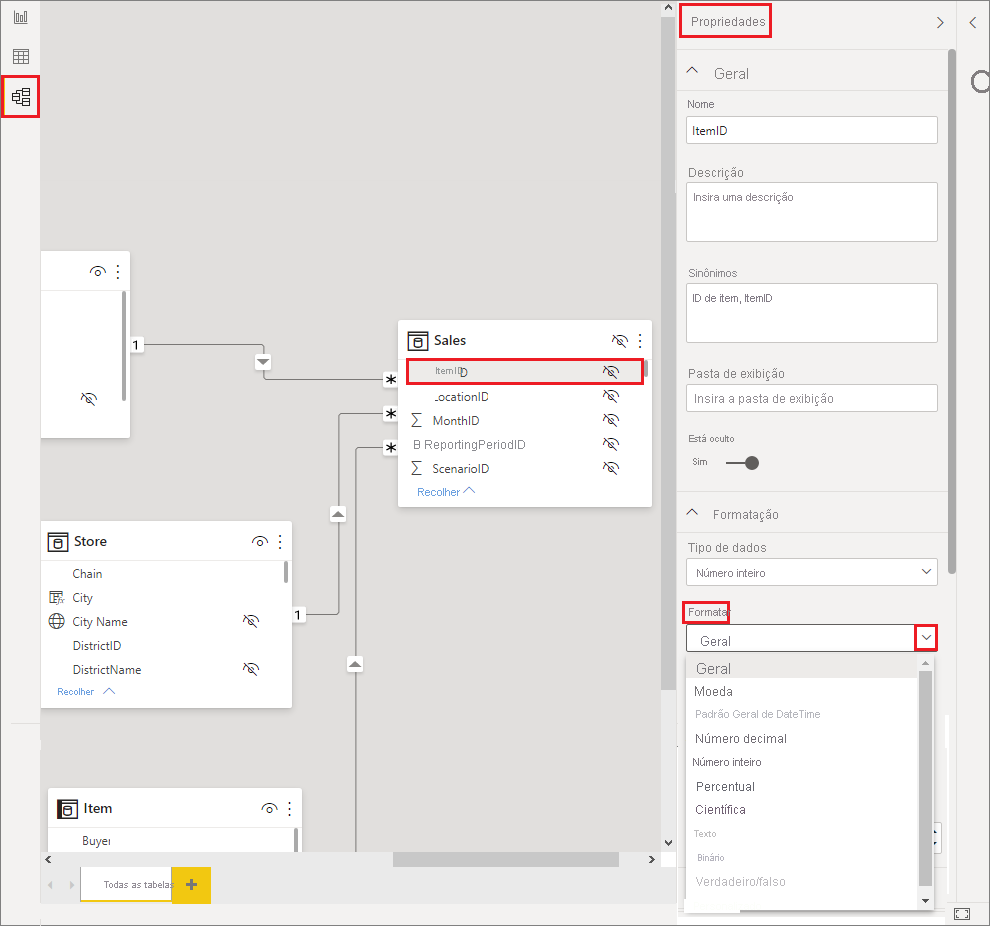 Captura de tela do painel Propriedades, realçando o menu Formatar.