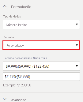 Captura de tela do menu Formatação, realçando Personalizado.