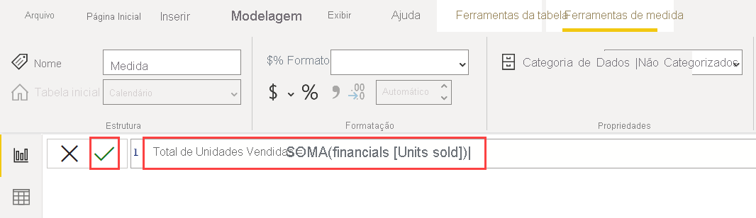 Captura de tela da expressão DAX de Total de Unidades Vendidas.