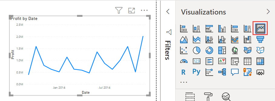 Captura de tela da alteração de gráfico colunas para gráfico de linhas.