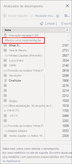 Captura de tela do painel do Performance Analyzer, realçando Alterar tipo de interação de segmentação.