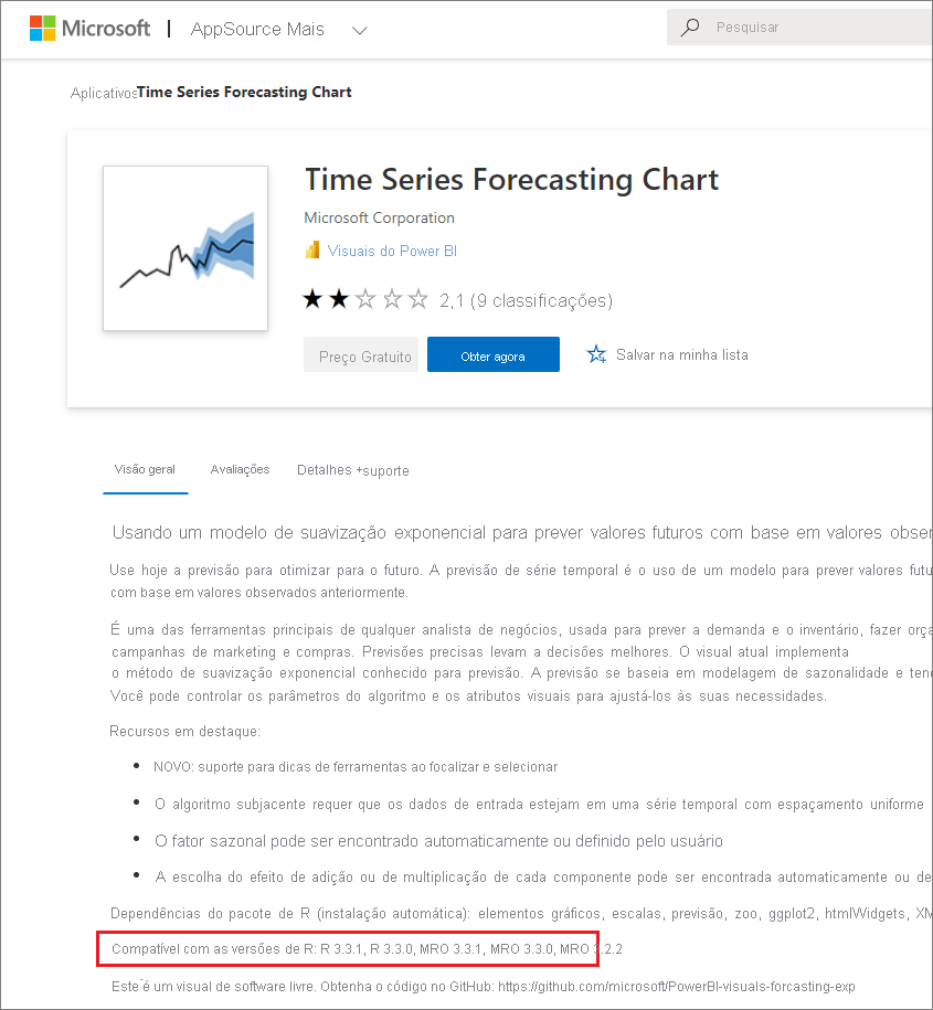 Captura de tela mostrando as versões do R compatíveis com um visual personalizado baseado em R do Power BI.