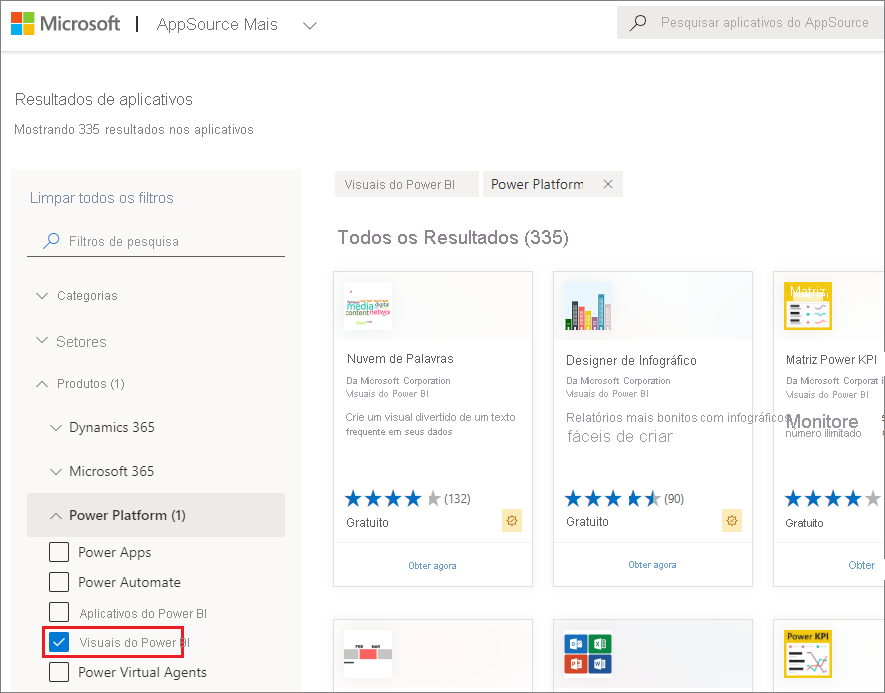 Captura de tela do AppSource com os visuais do Power BI selecionados no painel esquerdo.