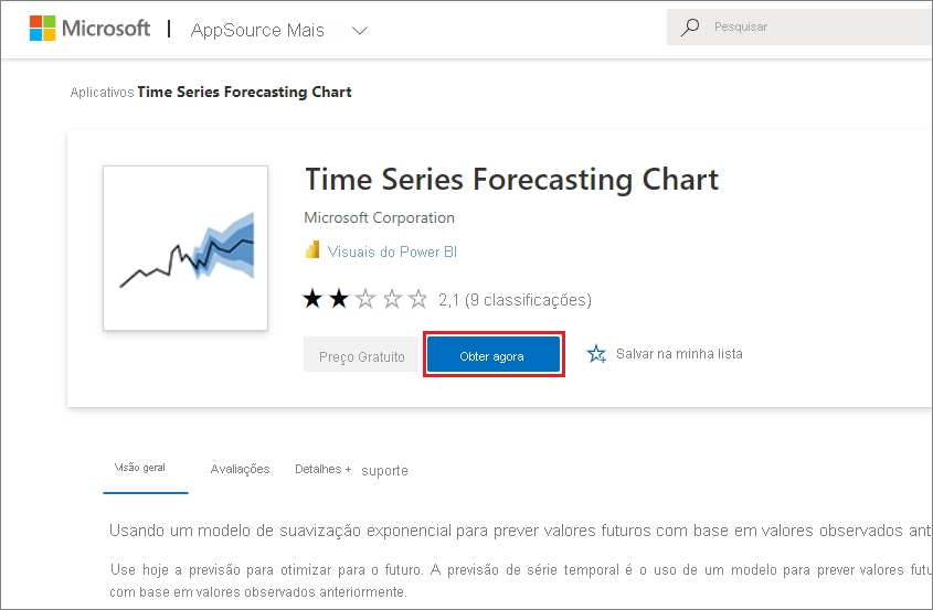 Captura de tela mostrando o visual do Power BI de Gráfico de Previsão de Série Temporal no AppSource.