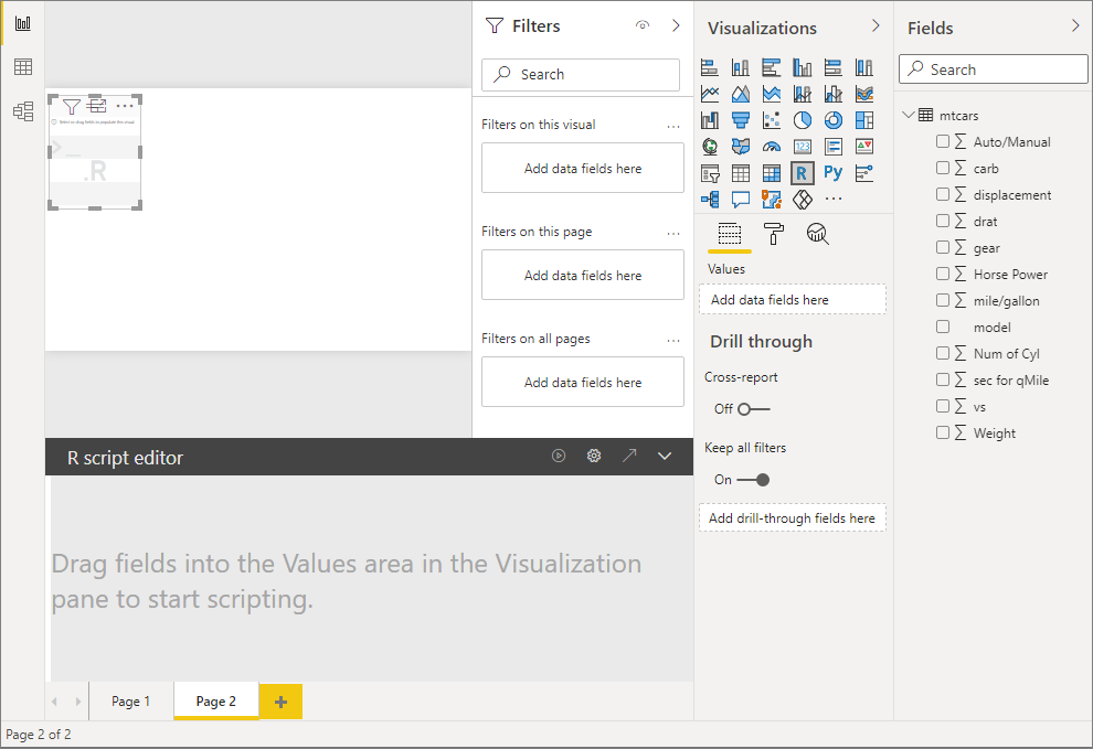 Captura de tela do editor de script de R do Power BI.