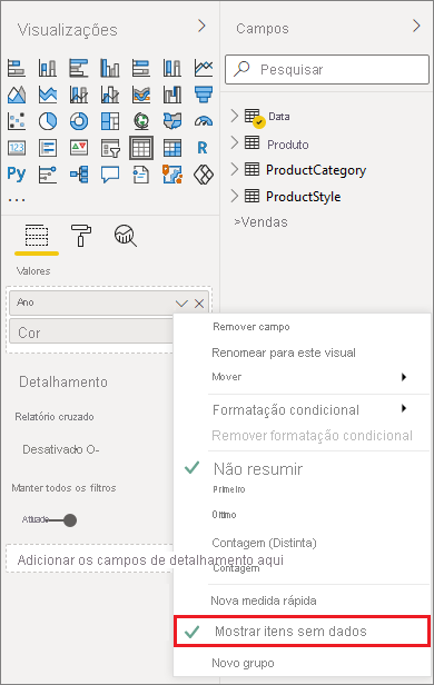 Screenshot of the Visualizations menu, highlighting the Show items with no data within the X-axis dropdown menu.