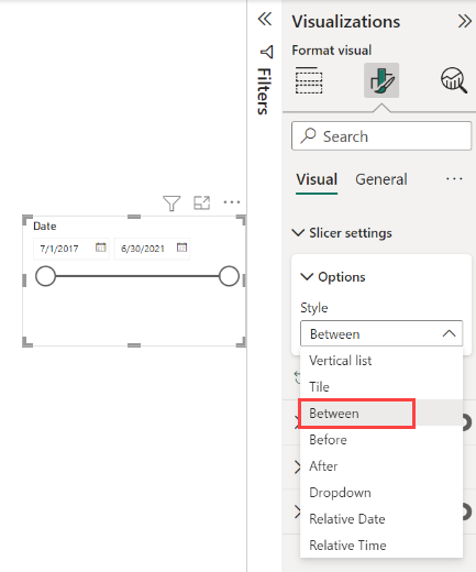 Captura de tela da segmentação intervalo de datas e do painel Formatar.