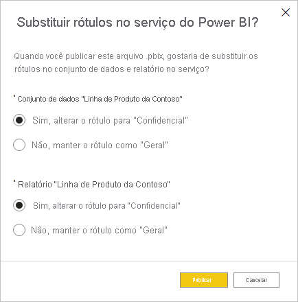 Captura de tela da caixa de diálogo para optar por manter ou substituir os rótulos de confidencialidade no serviço.