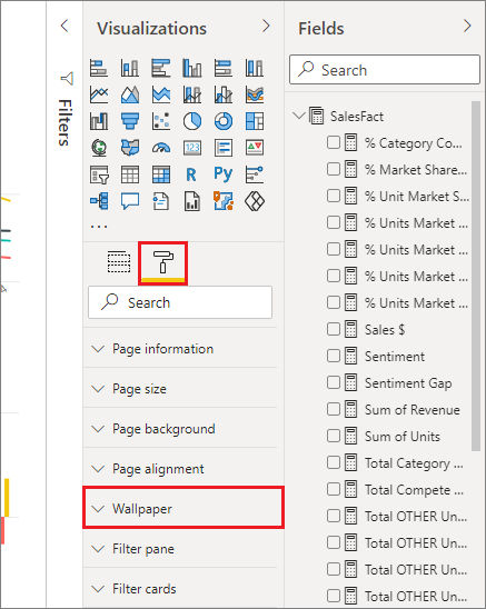 Captura de tela do painel Visualizações, realçando a opção Papel de parede.